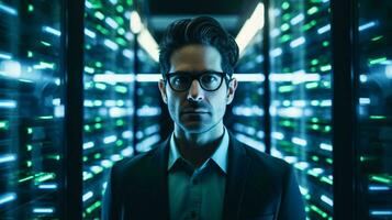 A man in glasses standing in a server room AI Generated photo