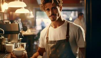 A man enjoying a cup of coffee while wearing an apron AI Generated photo