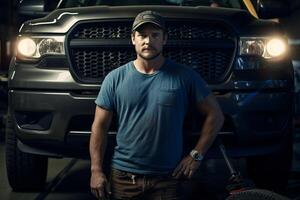 A man standing next to a truck in a garage AI Generated photo