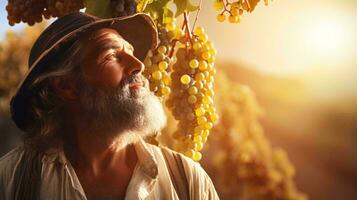 A bearded man standing under a vineyard with ripe grapes AI Generated photo