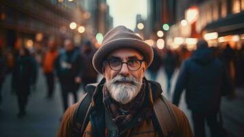 un elegante hombre con lentes y un barba caminando en un vibrante ciudad calle ai generado foto