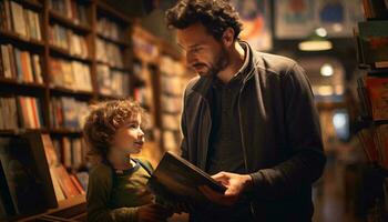 un hombre y un pequeño chico en pie juntos en un biblioteca ai generado foto