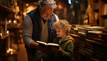 A man reading a book to a young boy, fostering a love for reading and learning AI Generated photo