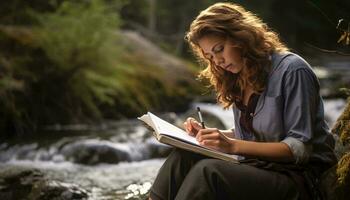un mujer sentado en un rock escritura en un libro ai generado foto