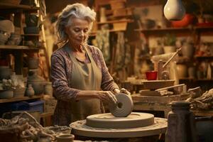 A woman creating pottery on a wheel in a charming pottery shop AI Generated photo