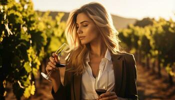 un mujer disfrutando un vaso de vino en un pintoresco viñedo ajuste ai generado foto