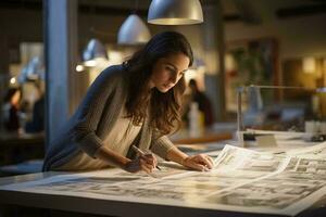 A woman working at a table with a paper in front of her AI Generated photo