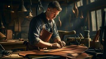 A skilled craftsman working on a leather project AI Generated photo