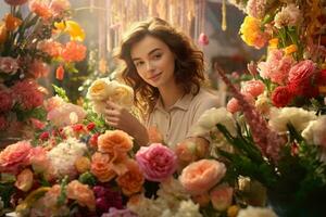 A woman with a teddy bear surrounded by flowers AI Generated photo