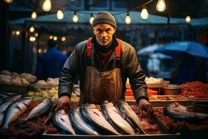 un hombre en pie en frente de un monitor de Fresco pescado a un mercado ai generado foto