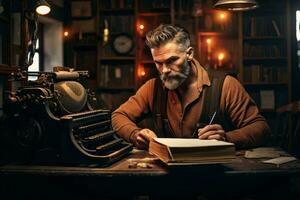 un hombre escritura a su escritorio con un máquina de escribir y un libro ai generado foto