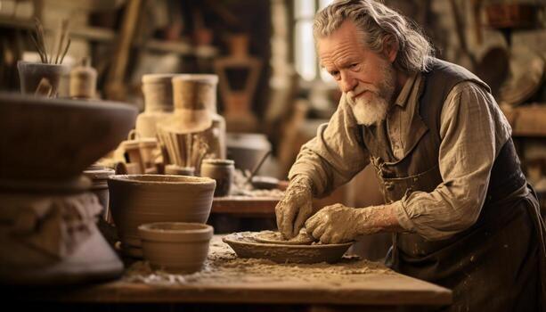 A man working in a traditional pottery shop AI Generated photo