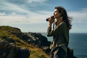 A woman enjoying the breathtaking view of the ocean from the top of a hill AI Generated photo