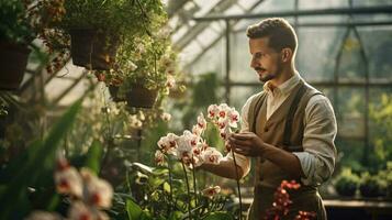 un hombre admirativo vistoso flores en un invernadero ai generado foto