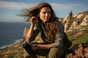 A woman enjoying the scenic view by sitting on a rock by the ocean AI Generated photo