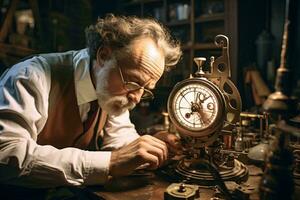 un hombre reparando un Clásico reloj con precisión y habilidad ai generado foto