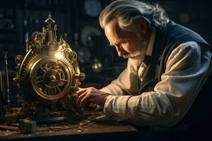 un hombre trabajando en un reloj en un tenuemente iluminado habitación ai generado foto