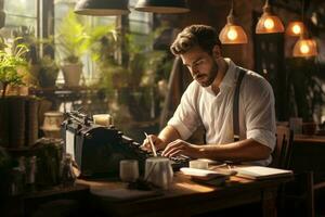 foto de un hombre mecanografía en un Clásico máquina de escribir a un mesa ai generado