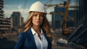 Photo of a woman in a hard hat at a construction site AI Generated