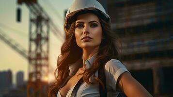 Photo of a woman wearing a hard hat in front of a construction site AI Generated