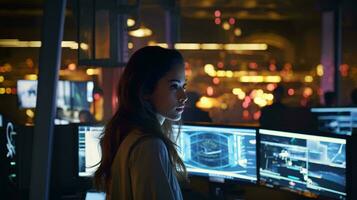 Photo of a woman working with multiple computer monitors AI Generated