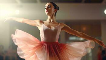 Photo of a woman gracefully dancing in a vibrant pink dress AI Generated