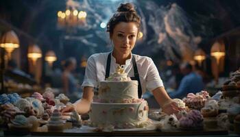 foto de un mujer en pie en frente de un grande pastel ai generado