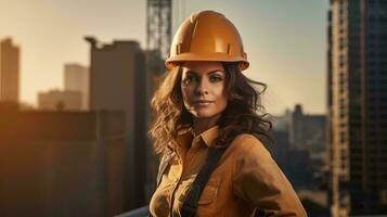 foto de un hembra construcción trabajador en un bullicioso paisaje urbano ai generado