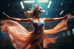 Photo of a woman dancing gracefully in the rain, wearing a vibrant blue and orange dress AI Generated
