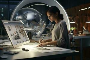 Photo of a woman writing at a desk AI Generated