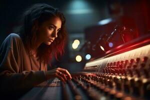 foto de un mujer operando un sonido mezcla consola ai generado