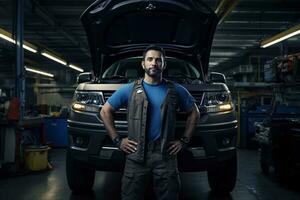 un hombre en pie en frente de un camión en un garaje ai generado foto