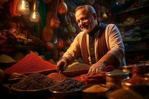 A man enjoying a delicious feast at a table filled with a wide variety of food AI Generated photo