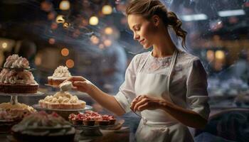 Photo of a woman in a white dress standing in front of a table filled with cakes AI Generated