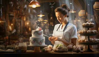 foto de un mujer en pie en frente de un mesa con un hermosamente decorado pastel ai generado