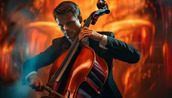Photo of a musician playing the cello in a formal attire AI Generated