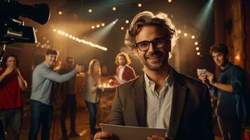 Photo of a man holding a paper surrounded by a group of people AI Generated