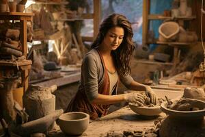 Photo of a woman crafting pottery in a traditional pottery shop AI Generated