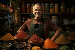 A man admiring a vibrant display of spices at a market AI Generated photo