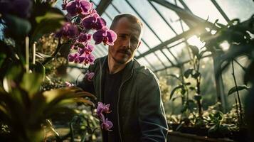 Photo of a man standing next to a bunch of vibrant purple flowers AI Generated