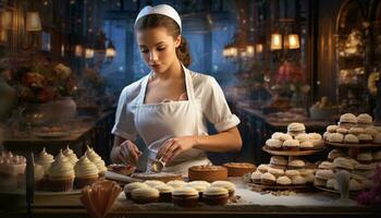 Photo of a woman preparing cupcakes in a white apron AI Generated