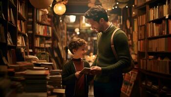 foto de un hombre y un pequeño chico en un biblioteca ai generado