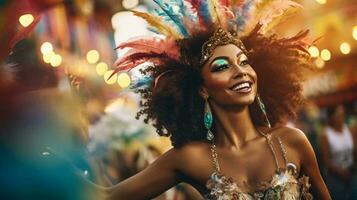 A woman in a vibrant carnival headdress, embracing the festive spirit AI Generated photo