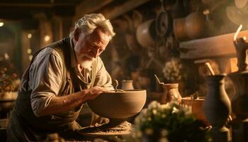 A potter shaping a bowl in a pottery workshop AI Generated photo