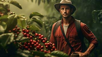 Photo of a man in a hat standing next to a coffee bean bush AI Generated