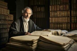 foto de un hombre rodeado por libros a un mesa ai generado