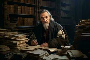 un hombre rodeado por libros a un mesa ai generado foto