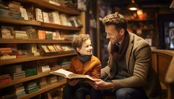 Photo of a man reading a book to a young boy, fostering a love for reading and learning AI Generated