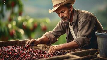 Photo of a man picking berries from a basket in a sunny field AI Generated