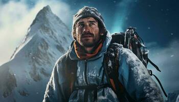 foto de un hombre en pie en frente de un majestuoso montaña ai generado